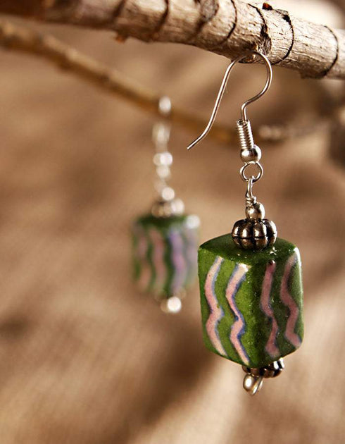 Blue Pottery Rectangle Bead Earrings (Green)